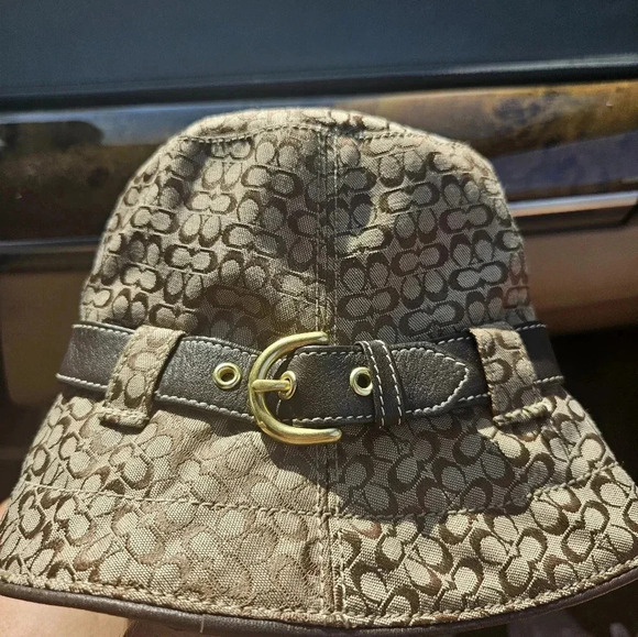 Coach Signature Logo Bucket Hat Brown Canvas Leather Trim Buckle Unisex Size S/P - Picture 5 of 7